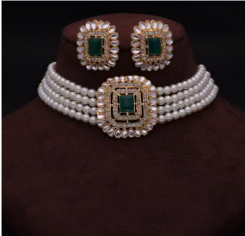 BRASS GOLD-PLATED WHITE & CRYSTAL NECKLACE CHOKER SET FOR WOMEN&GIRL