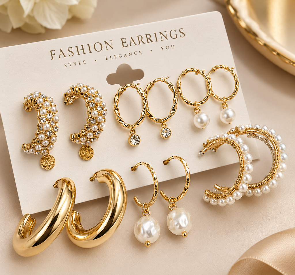 Vembley Combo Of 9 Pair Stunning Gold Plated Pearl Hoop , Drop, Tiny and Studs Earrings for Women & Girls