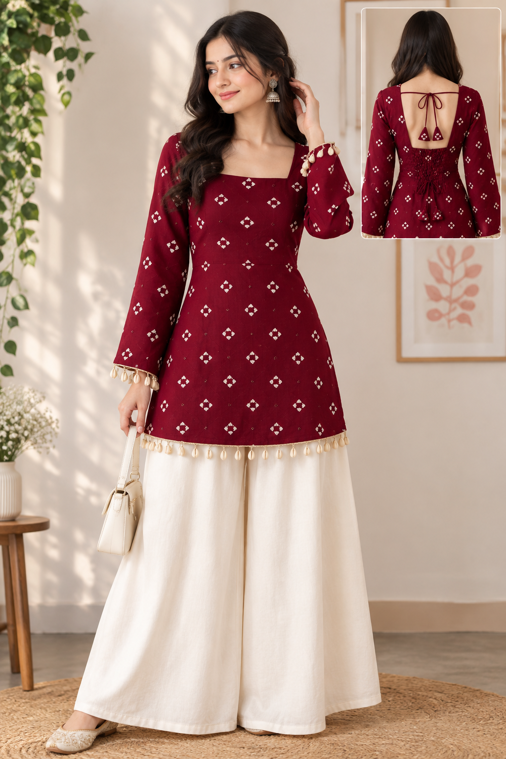 Women Meroon Printed Square Neck Trendy Bell Sleeve Top with Kodi Lace/Tassel Detail | Casual & Party Wear Top for Women