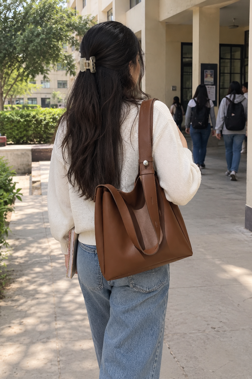 Women Tote Bag Brown Faux Leather Handbags Casual Ladies Shoulder Bags for Shopping. With 1 Big Compartmen