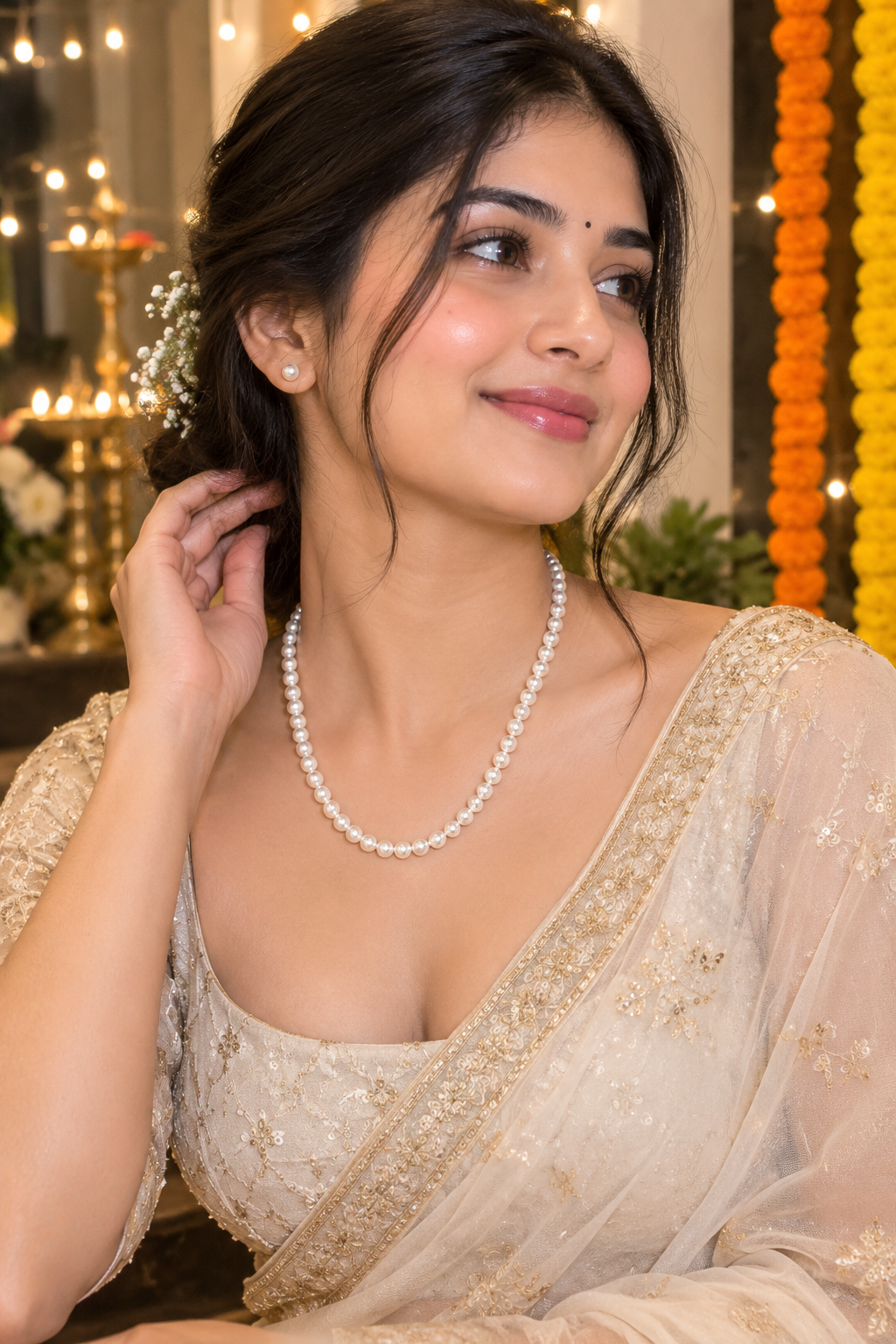 Single Line Pearl Necklace With Earring For Women and Girls Pearl Mala/Pearl Jewellery Set/Premium Pearl Necklace