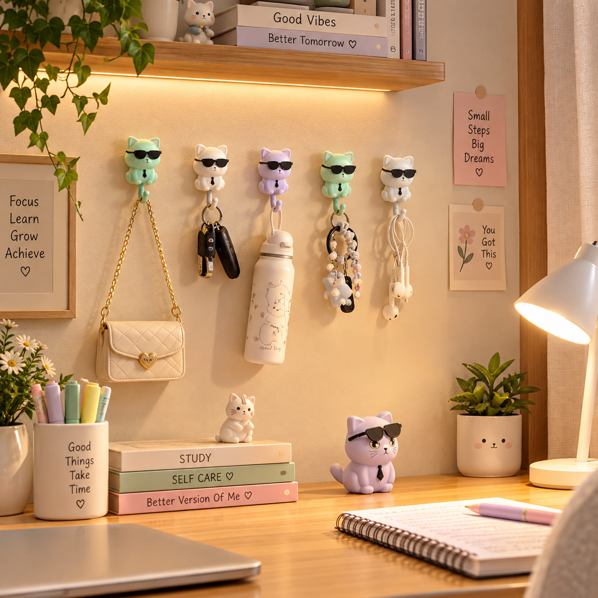 Cute Cat Wall Hooks 4 Pcs Set, Self Adhesive Wall Hooks, Cat Hook, Cartoon Cat Wall Hook, Multipurpose Key Holder Hook, Key Hanger, Wall Mounted Hooks, Bathroom Towel Hook, Kitchen Hanging Hook, Bedroom Door