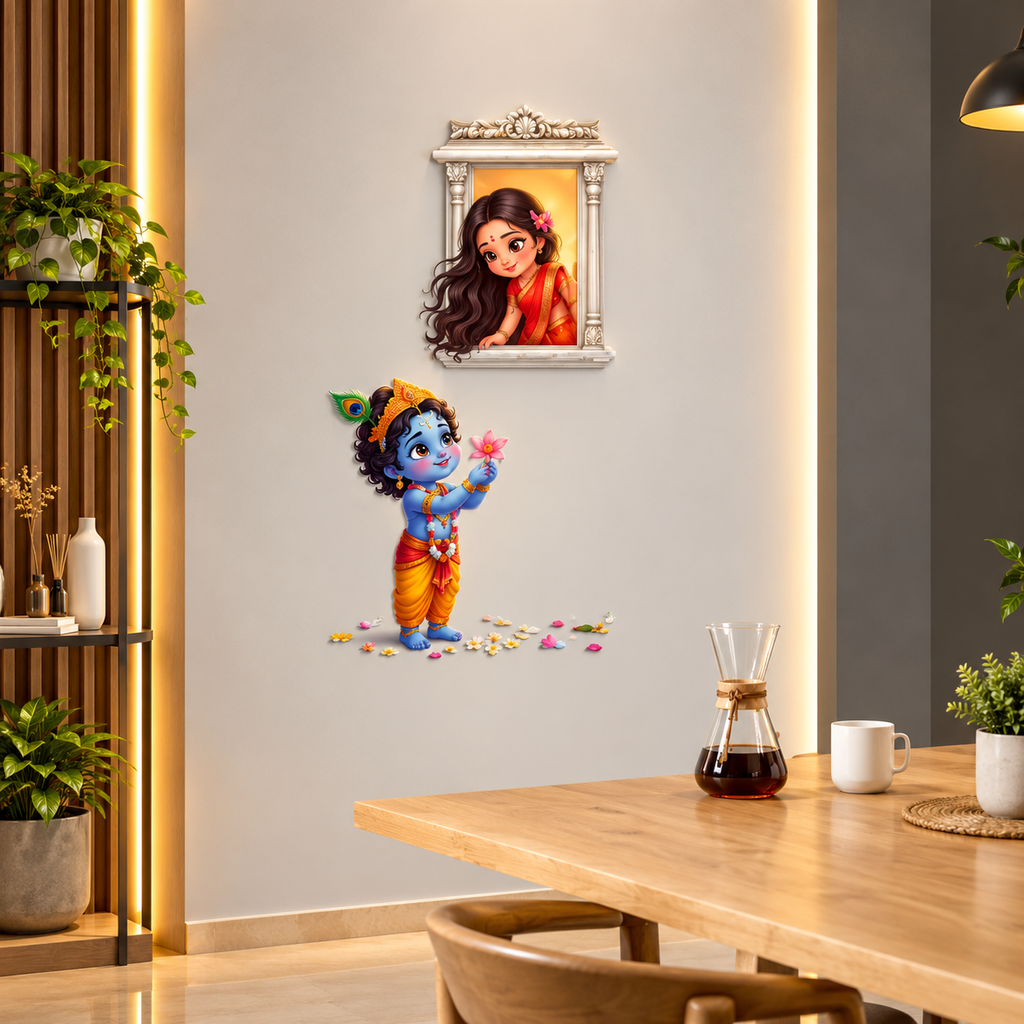 Divine Krishna Ji With Radha Rani Love Wall sticker Self-Adhesive Vinyl Devotional Sticker for Home and Pooja Ghar