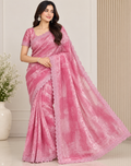 “Rose Pink Organza Saree with Scalloped Lace Border & Sequin Detailing”