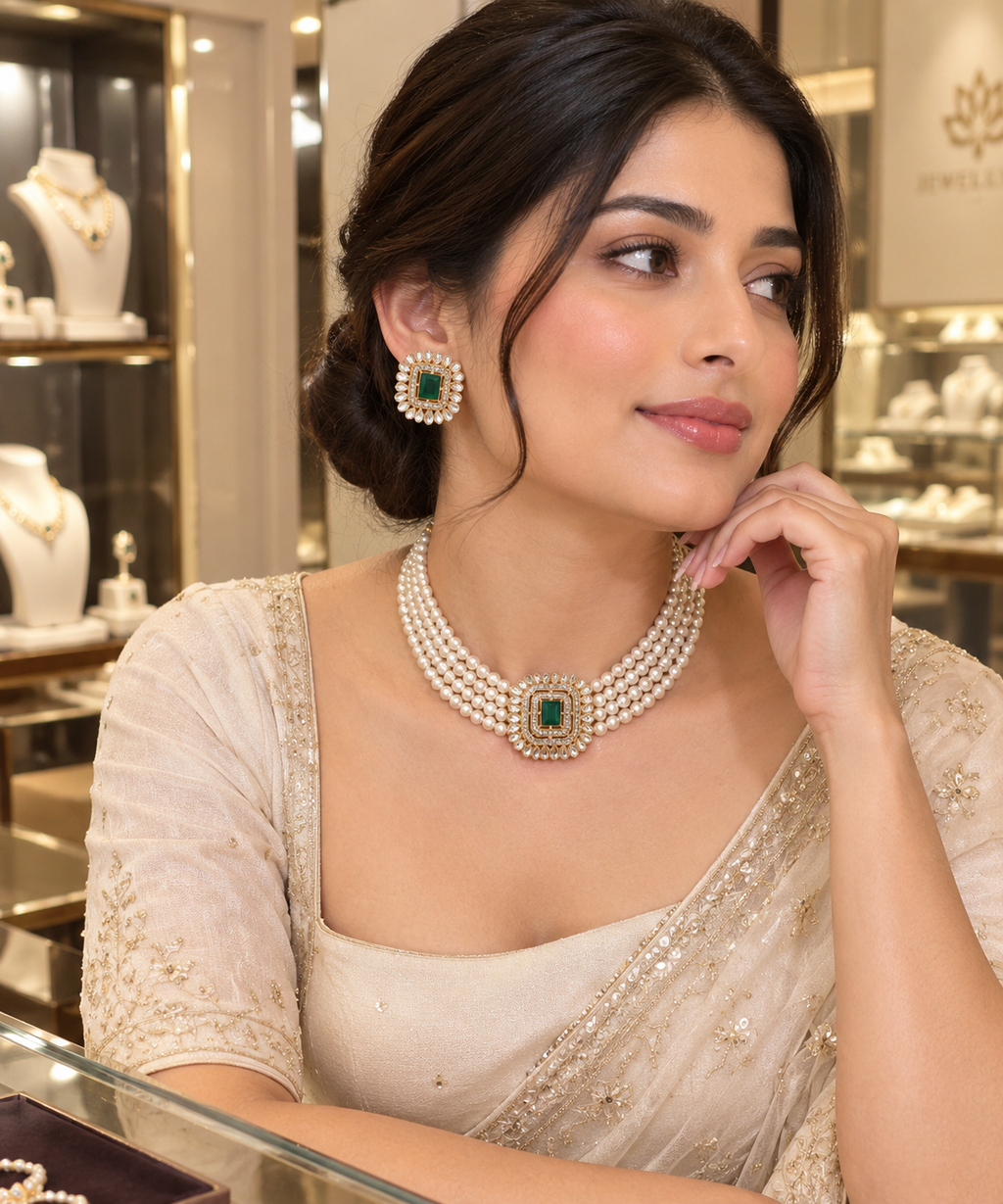 BRASS GOLD-PLATED WHITE & CRYSTAL NECKLACE CHOKER SET FOR WOMEN&GIRL