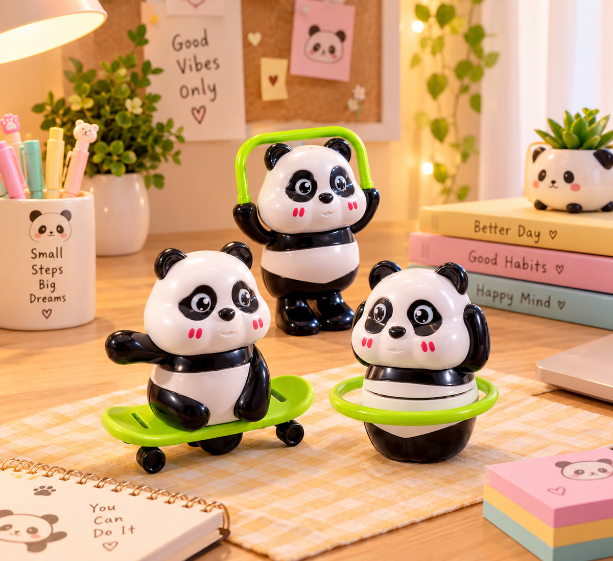 Cute Panda Toy Action Figures Set, Interactive Moving Panda Toy with Rotating Motion, Fun Desk Display Panda Figurines for Kids and Office Decor (3PCS Set)
