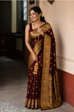 Women's Kanjivaram Soft Maroon Banarasi Silk Saree With Blouse Piece