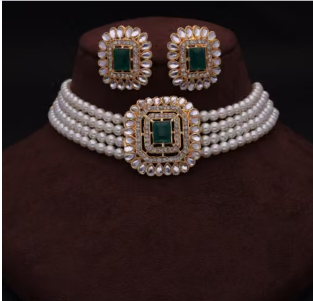BRASS GOLD-PLATED WHITE & CRYSTAL NECKLACE CHOKER SET FOR WOMEN&GIRL