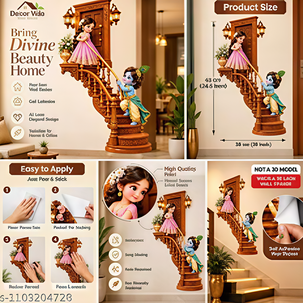 SajaoHatke Cute Radha Krishna Design Wall Sticker for Living Room & Home Decor Bal Krishna & Radha Balcony Self-Adhesive 3D Vinyl Decal for kids room ,Bedroom, Pooja Room Wall Decoration