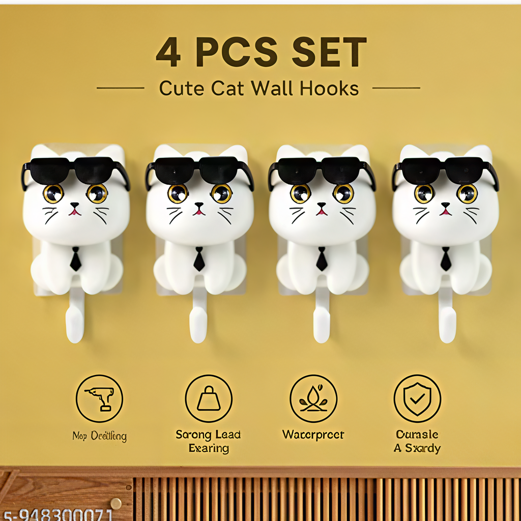 Cute Cat Wall Hooks 4 Pcs Set, Self Adhesive Wall Hooks, Cat Hook, Cartoon Cat Wall Hook, Multipurpose Key Holder Hook, Key Hanger, Wall Mounted Hooks, Bathroom Towel Hook, Kitchen Hanging Hook, Bedroom Door