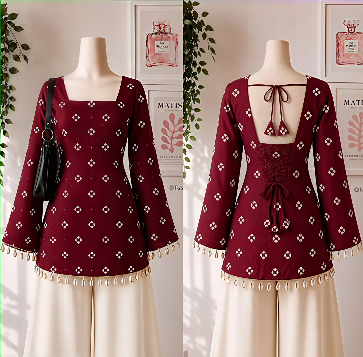 Women Meroon Printed Square Neck Trendy Bell Sleeve Top with Kodi Lace/Tassel Detail | Casual & Party Wear Top for Women