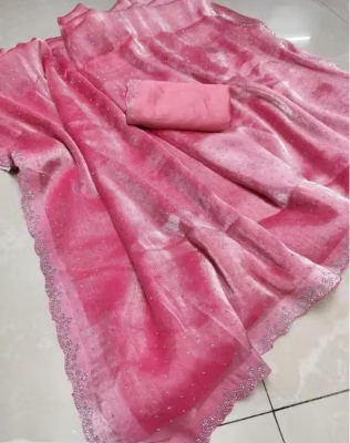 “Rose Pink Organza Saree with Scalloped Lace Border & Sequin Detailing”
