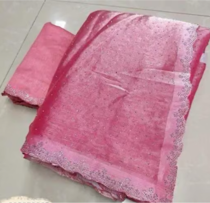 “Rose Pink Organza Saree with Scalloped Lace Border & Sequin Detailing”