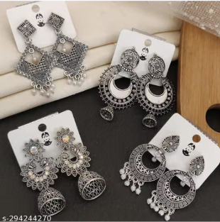 Combo of 4 Pair New Latest Design Drop & Dangles Hoop Jhumki Oxidised Silver Earrings for women/girls