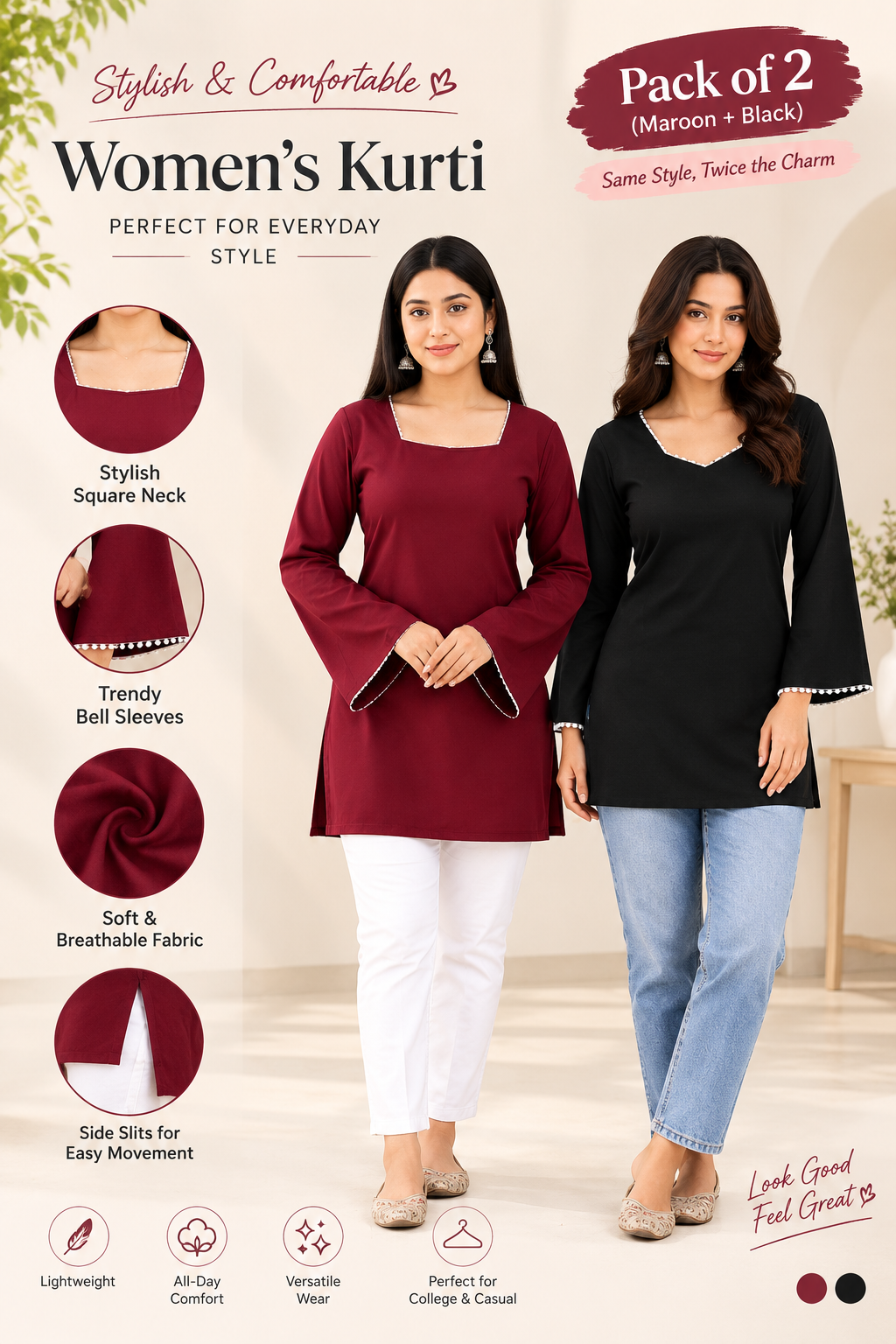 Women Rayon Solid Bell Sleeve Long Top Combo Pack of 2 | Casual Office Wear Tunic Tops | Stylish Korean Style Long Kurti for Women